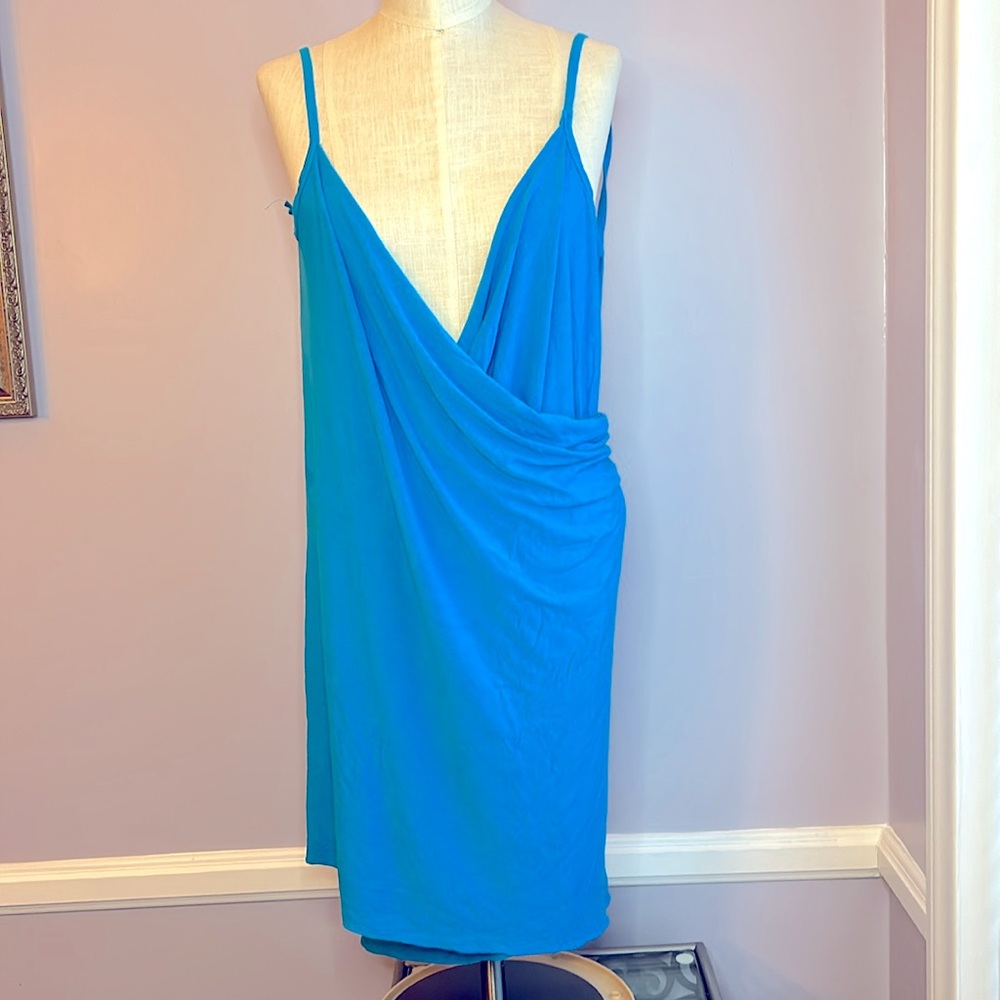 Turquoise deep V neck sexy spaghetti strap wrap draped backless swimsuit coverup - Picture 9 of 11